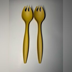 Vintage Yellow Gold Tupperware Salad Serving Utensils Fork Spoon Spork Set 2